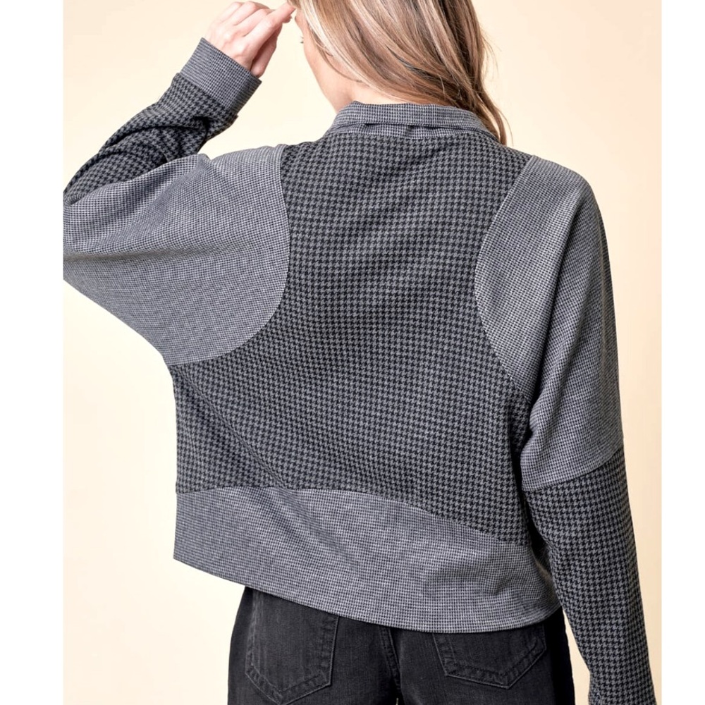 Doe & Rae Gray Houndstooth Mixed Plaid Quarter Zip Pullover Sweatshirt - Picture 3 of 7